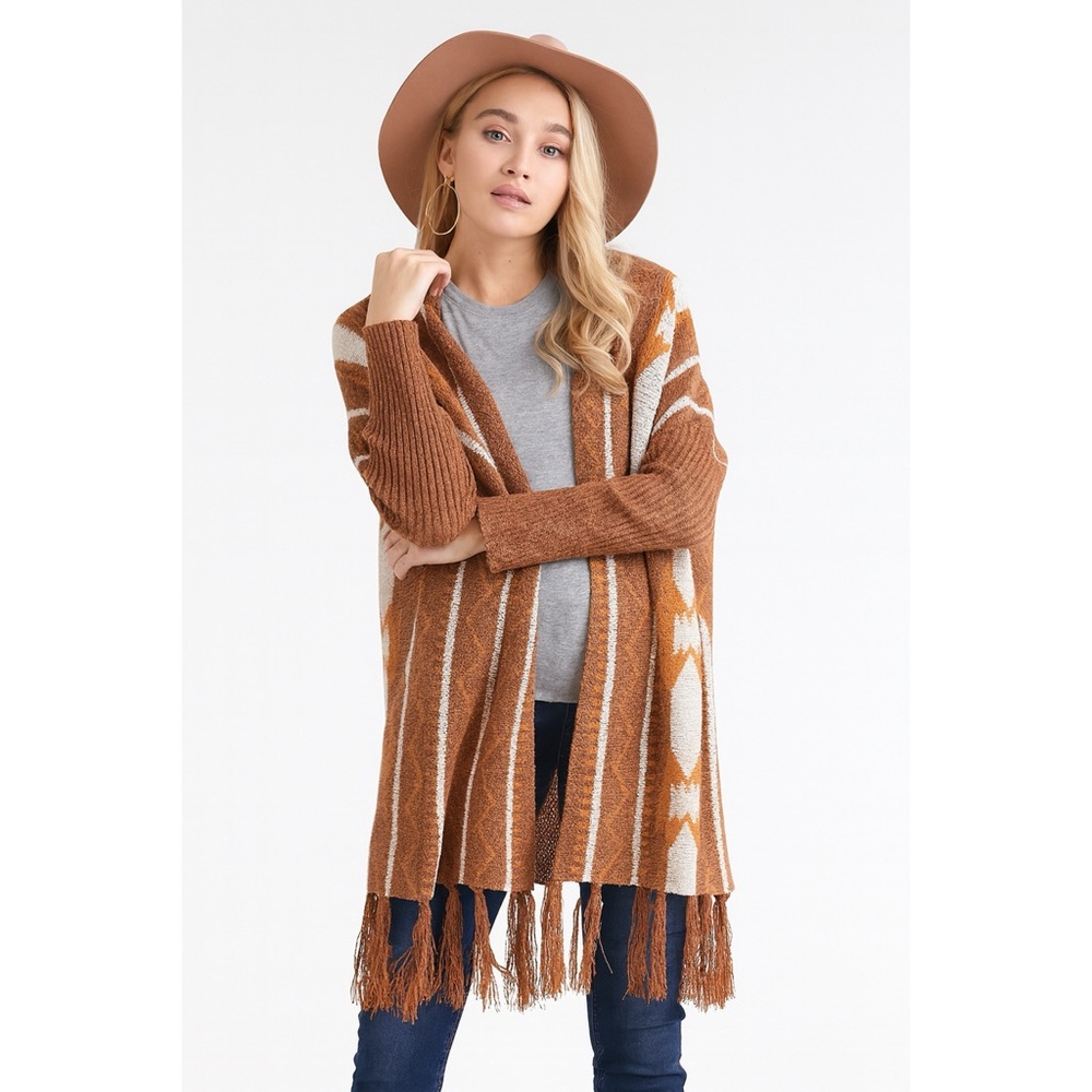 Aztec Pattern Brown White Fringed Open Front Cardigan Size M NWT